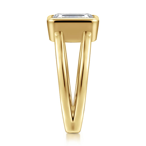 14K Yellow Gold Emerald Cut Split Shank Bezel Solitaire Diamond Engagement Ring