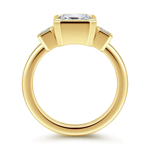 14K Yellow Gold Emerald Cut Three Stone Bezel Diamond Engagement Ring