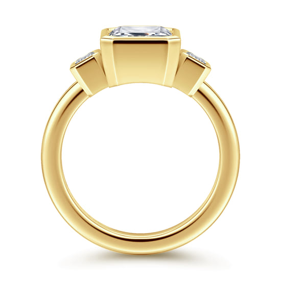 14K Yellow Gold Emerald Cut Three Stone Bezel Diamond Engagement Ring angle 2