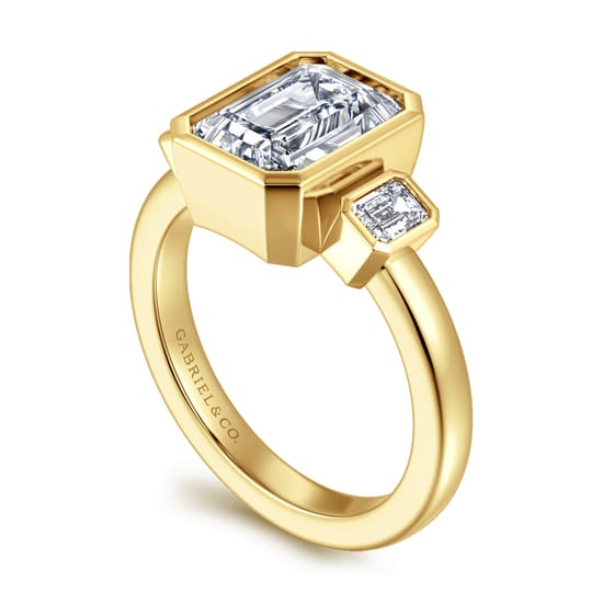 14K Yellow Gold Emerald Cut Three Stone Bezel Diamond Engagement Ring angle 3