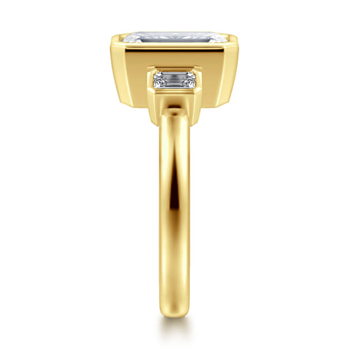14K Yellow Gold Emerald Cut Three Stone Bezel Diamond Engagement Ring