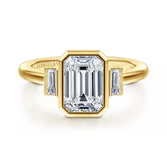 Gabriel - 14K Yellow Gold Emerald Cut Three Stone Bezel Set Diamond Engagement Ring
