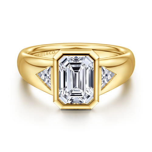 14K Yellow Gold Emerald Cut Three Stone Bezel Set Diamond Engagement Ring