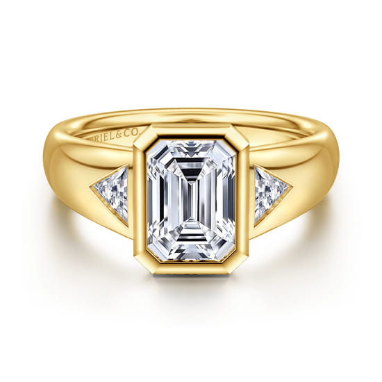 14K Yellow Gold Emerald Cut Three Stone Bezel Set Diamond Engagement Ring