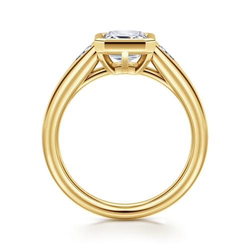 14K Yellow Gold Emerald Cut Three Stone Bezel Set Diamond Engagement Ring