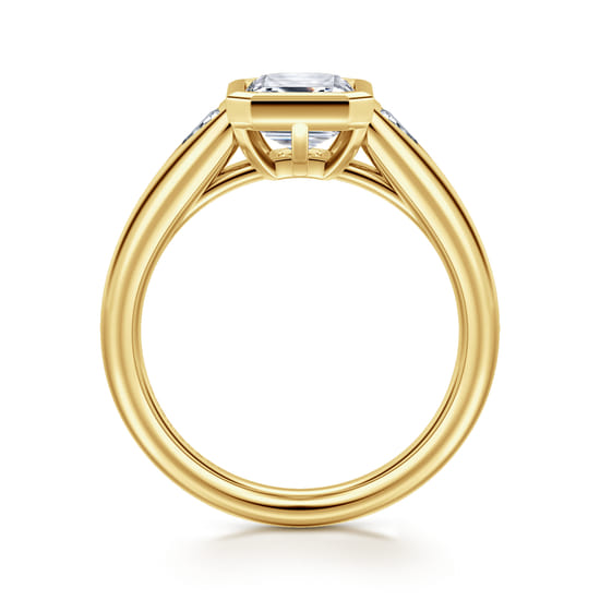 14K Yellow Gold Emerald Cut Three Stone Bezel Set Diamond Engagement Ring angle 2
