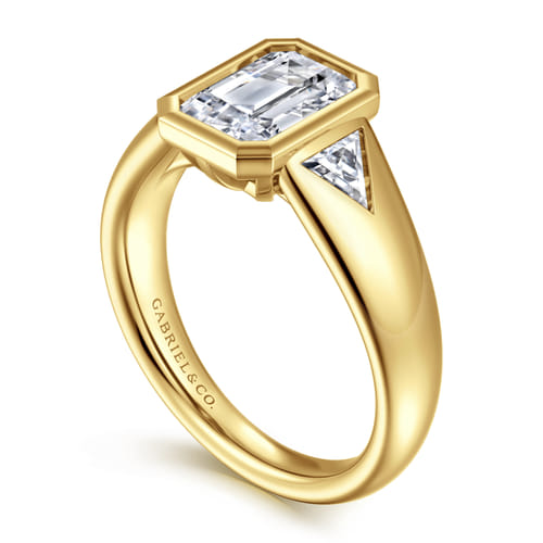 14K Yellow Gold Emerald Cut Three Stone Bezel Set Diamond Engagement Ring