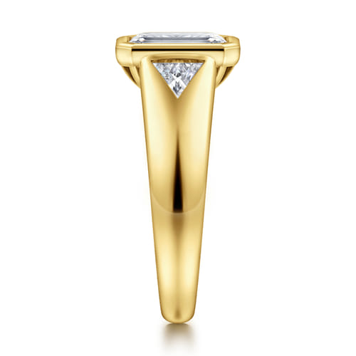 14K Yellow Gold Emerald Cut Three Stone Bezel Set Diamond Engagement Ring