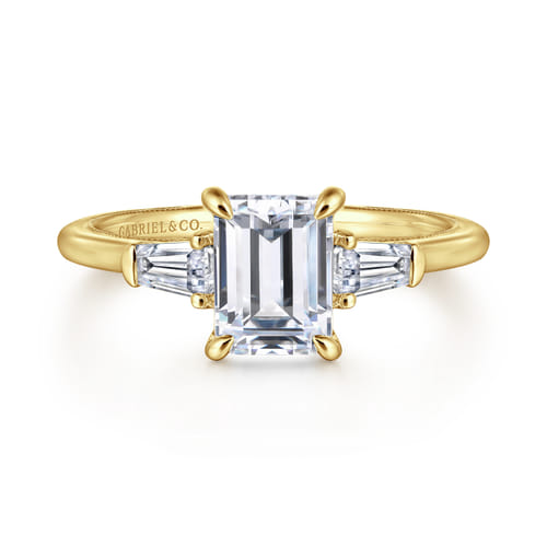 14K Yellow Gold Emerald Cut Three Stone Diamond Engagement Ring