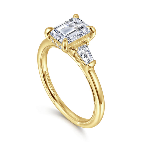 14K Yellow Gold Emerald Cut Three Stone Diamond Engagement Ring