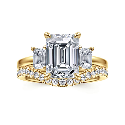 14K Yellow Gold Emerald Cut Three Stone Diamond Engagement Ring