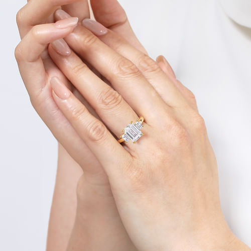 14K Yellow Gold Emerald Cut Three Stone Diamond Engagement Ring