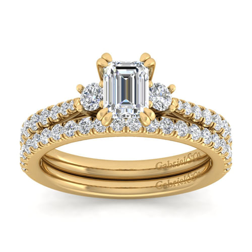 14K Yellow Gold Emerald Cut Three Stone Diamond Engagement Ring