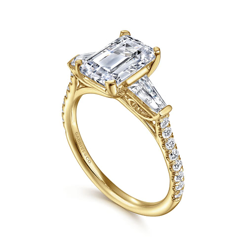 14K Yellow Gold Emerald Cut Three Stone Diamond Engagement Ring