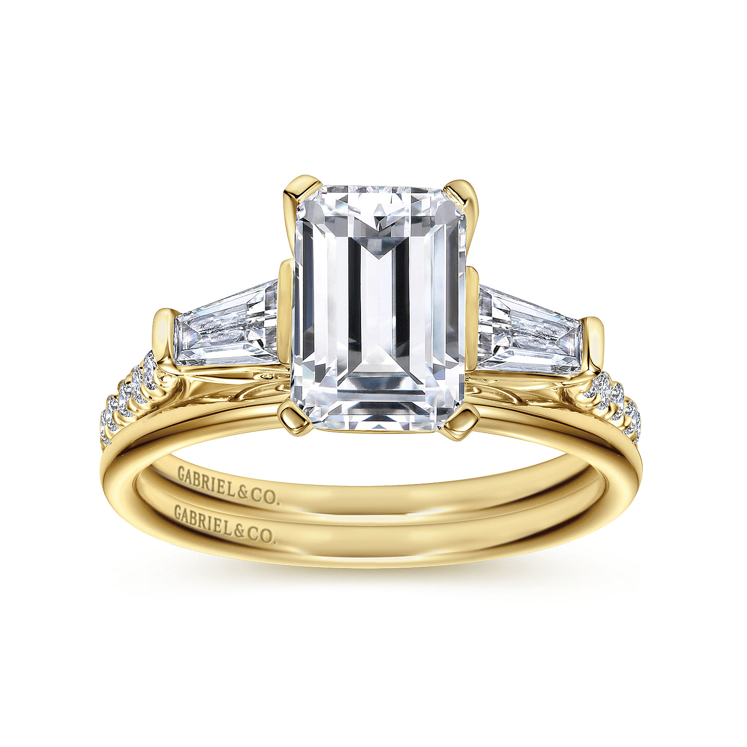 14K Yellow Gold Emerald Cut Three Stone Diamond Engagement Ring