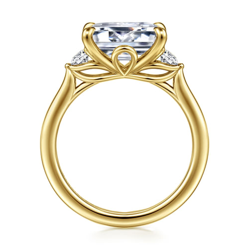 14K Yellow Gold Emerald Cut Three Stone Lotus Diamond Engagement Ring