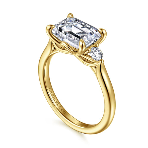 14K Yellow Gold Emerald Cut Three Stone Lotus Diamond Engagement Ring