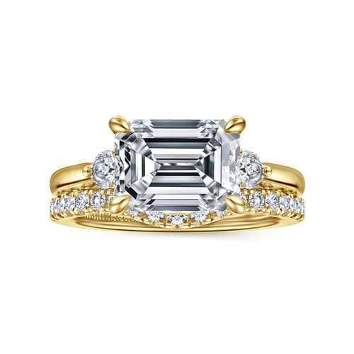 14K Yellow Gold Emerald Cut Three Stone Lotus Diamond Engagement Ring