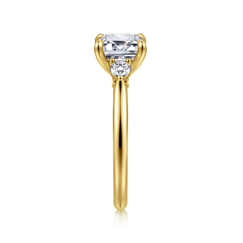 14K Yellow Gold Emerald Cut Three Stone Lotus Diamond Engagement Ring