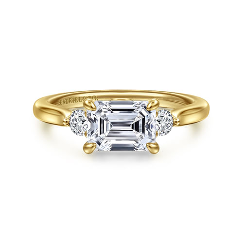 14K Yellow Gold Emerald Cut Three Stone Lotus Diamond Engagement Ring