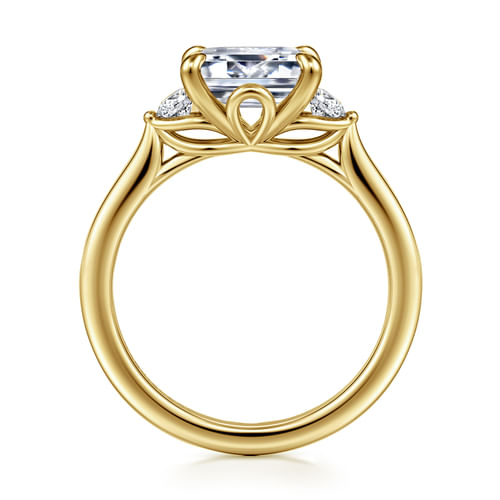 14K Yellow Gold Emerald Cut Three Stone Lotus Diamond Engagement Ring