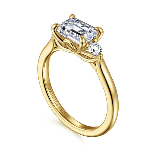 14K Yellow Gold Emerald Cut Three Stone Lotus Diamond Engagement Ring