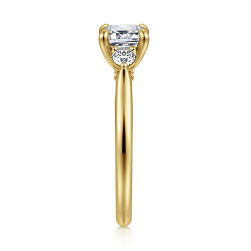 14K Yellow Gold Emerald Cut Three Stone Lotus Diamond Engagement Ring