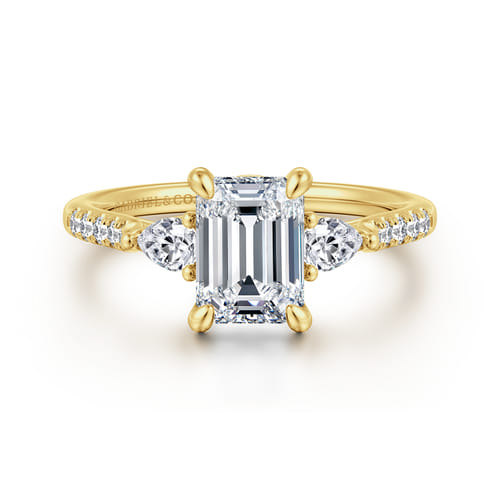 14K Yellow Gold Emerald Cut Three Stone Lotus Diamond Engagement Ring