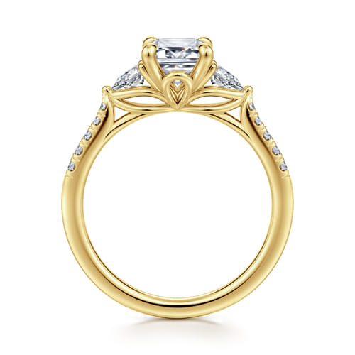 14K Yellow Gold Emerald Cut Three Stone Lotus Diamond Engagement Ring