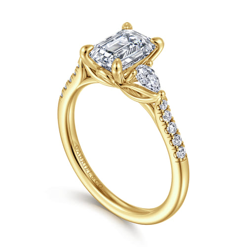 14K Yellow Gold Emerald Cut Three Stone Lotus Diamond Engagement Ring