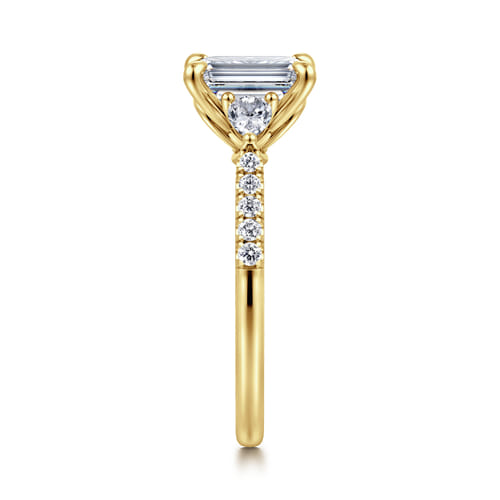 14K Yellow Gold Emerald Cut Three Stone Lotus Diamond Engagement Ring