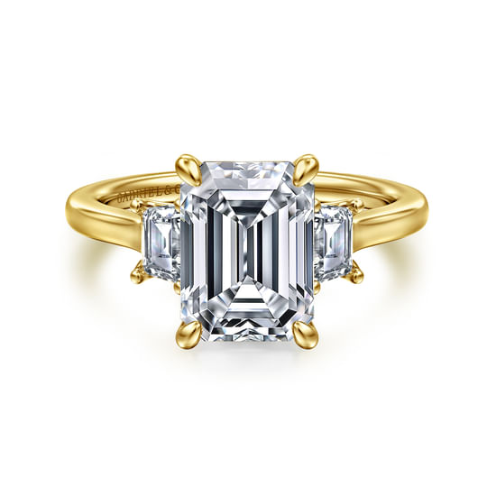 Gabriel - 14K Yellow Gold Emerald Cut Three Stone Lotus Diamond Engagement Ring