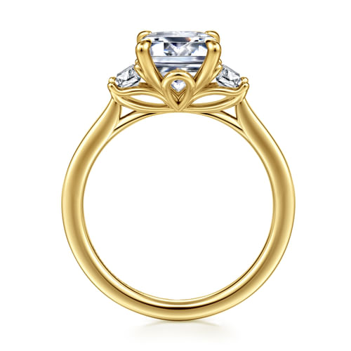 14K Yellow Gold Emerald Cut Three Stone Lotus Diamond Engagement Ring