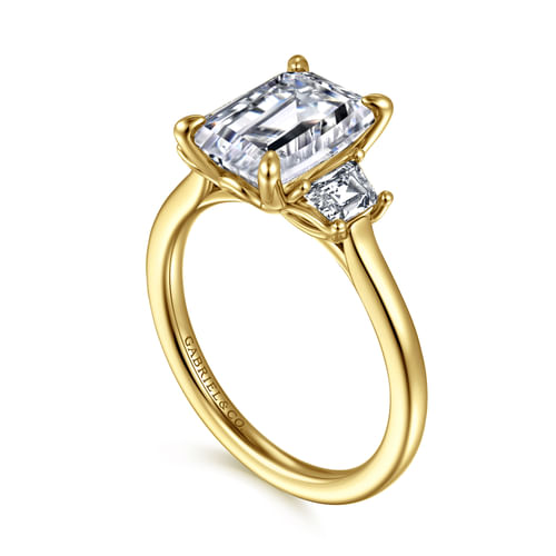 14K Yellow Gold Emerald Cut Three Stone Lotus Diamond Engagement Ring