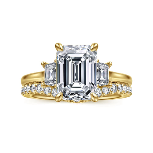 14K Yellow Gold Emerald Cut Three Stone Lotus Diamond Engagement Ring