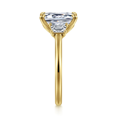 14K Yellow Gold Emerald Cut Three Stone Lotus Diamond Engagement Ring