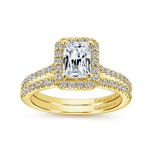 14K Yellow Gold Emerald Halo Diamond Engagement Ring