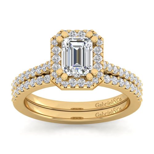 14K Yellow Gold Emerald Halo Diamond Engagement Ring