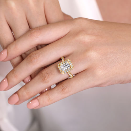 14K Yellow Gold Emerald Halo Diamond Engagement Ring