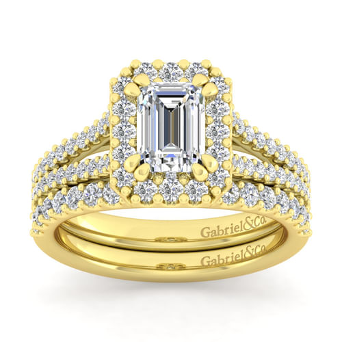14K Yellow Gold Emerald Halo Diamond Engagement Ring