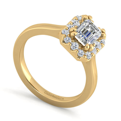 14K Yellow Gold Emerald Halo Diamond Engagement Ring