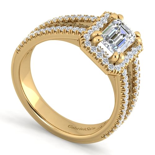 14K Yellow Gold Emerald Halo Diamond Engagement Ring