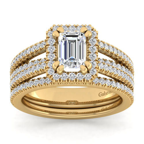 14K Yellow Gold Emerald Halo Diamond Engagement Ring