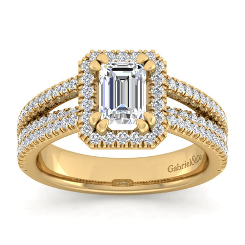 14K Yellow Gold Emerald Halo Diamond Engagement Ring