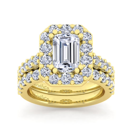 14K Yellow Gold Emerald Halo Diamond Engagement Ring