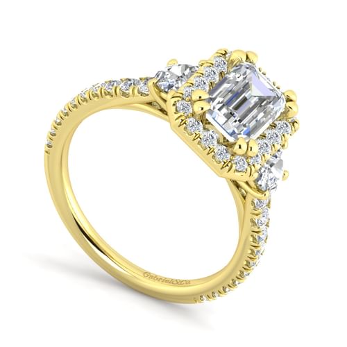 14K Yellow Gold Emerald Three Stone Halo Diamond Engagement Ring