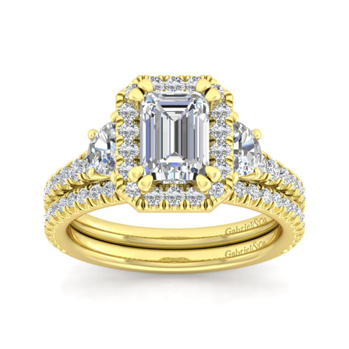 14K Yellow Gold Emerald Three Stone Halo Diamond Engagement Ring