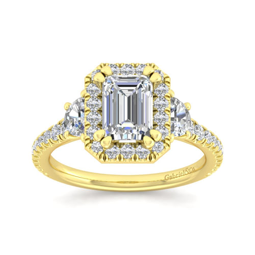 14K Yellow Gold Emerald Three Stone Halo Diamond Engagement Ring