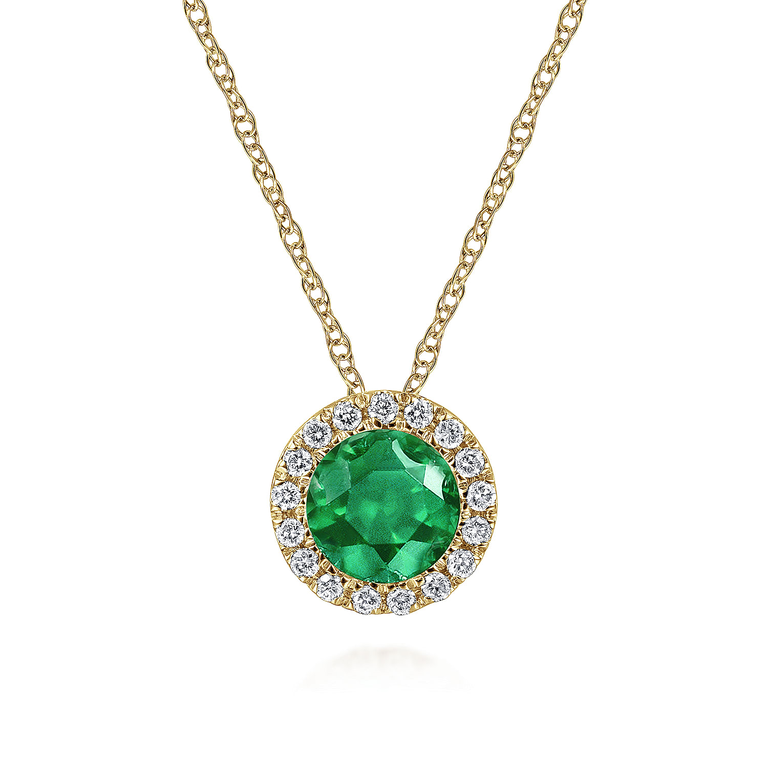 14K Yellow Gold Emerald and Diamond Halo Pendant Necklace