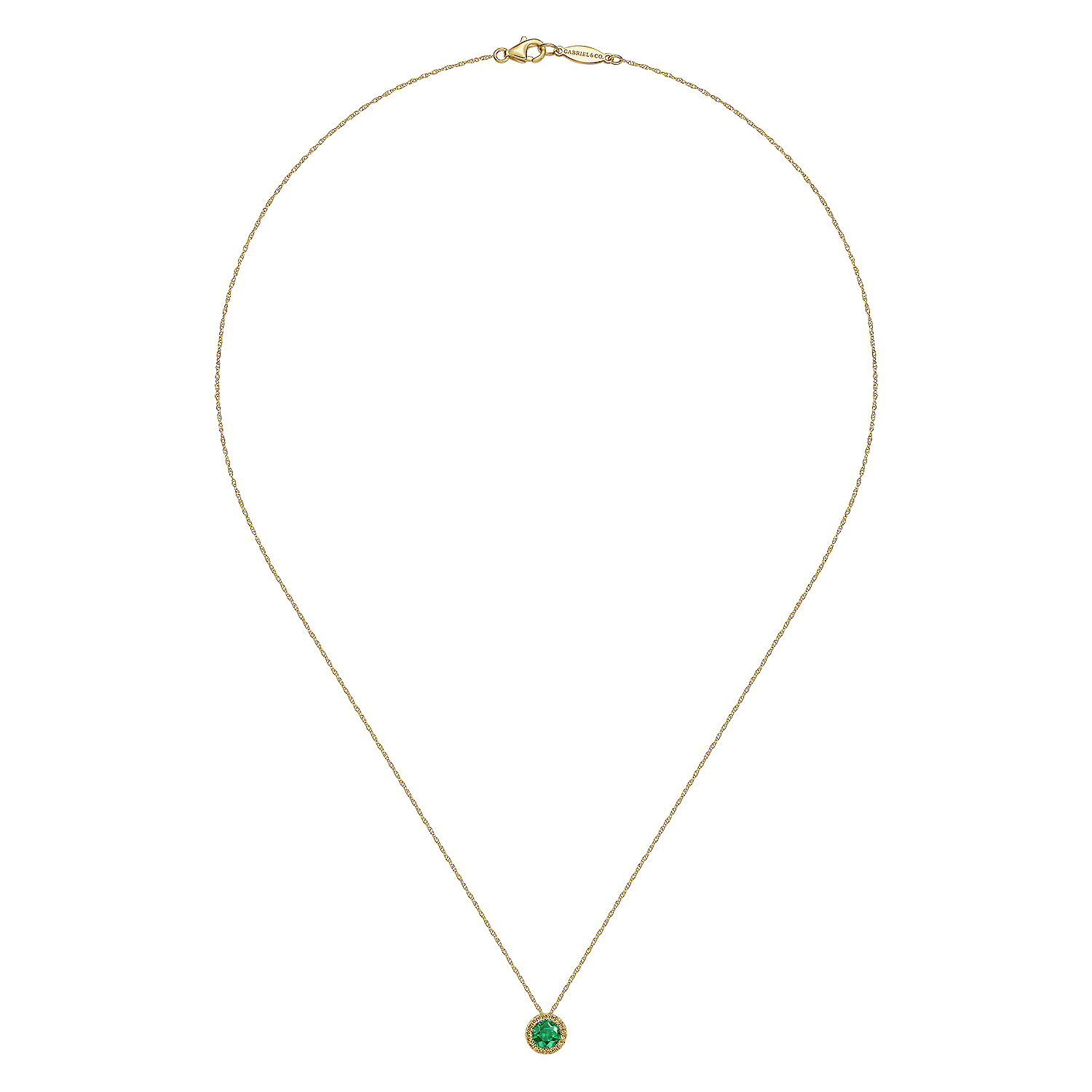 14K Yellow Gold Emerald and Diamond Halo Pendant Necklace